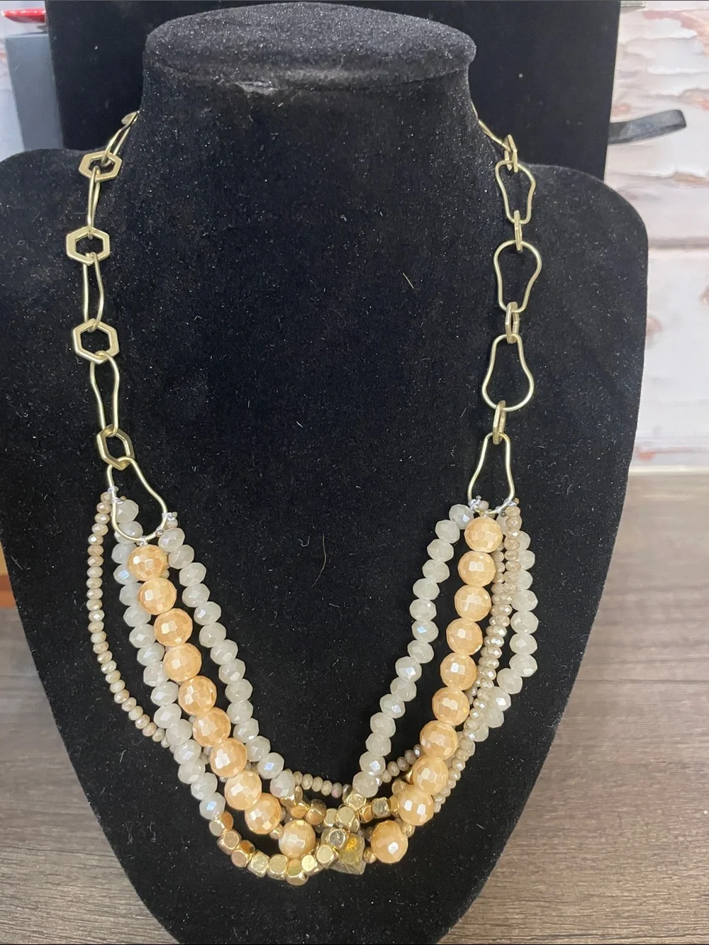 Multi-Strand Gold and Cream Beaded Necklace